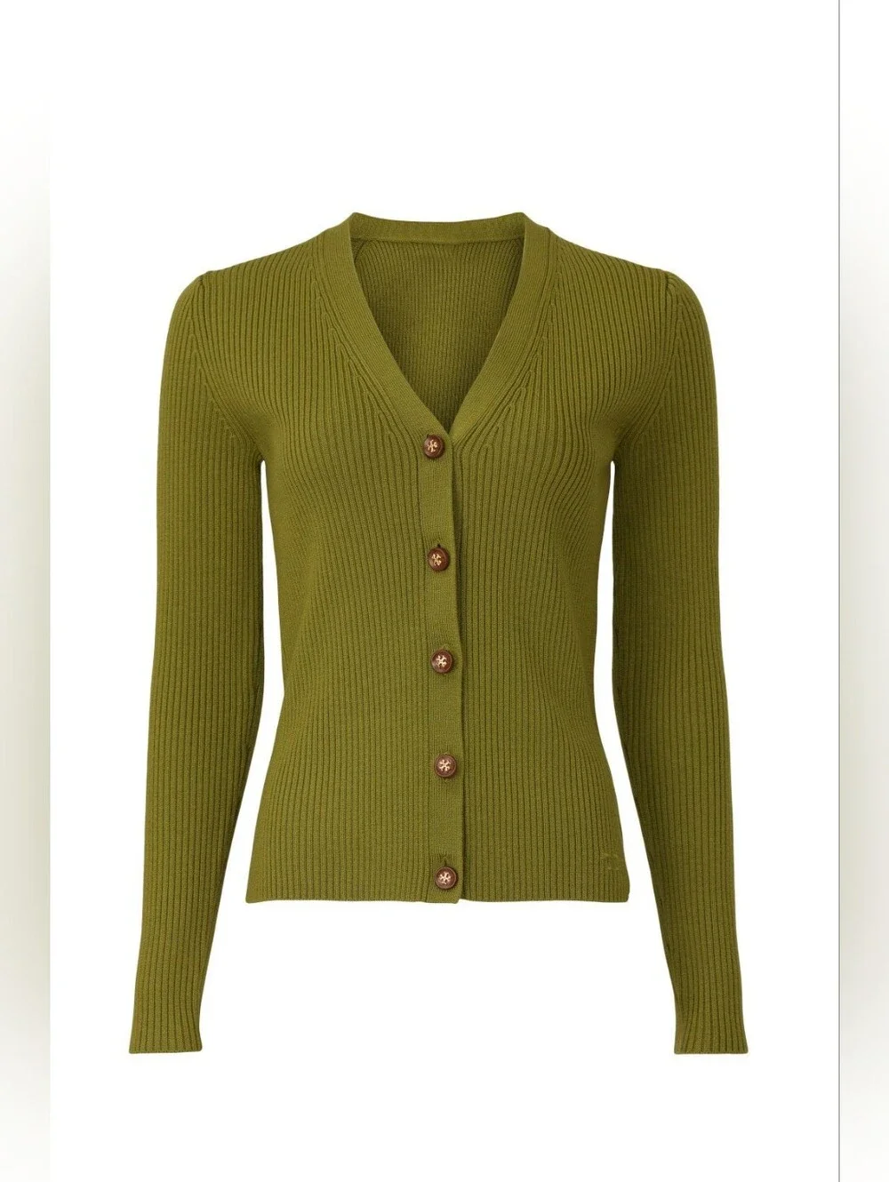 Tory Burch Merino Wool Olive Green Ribbed V-Neck Cardigan Size S